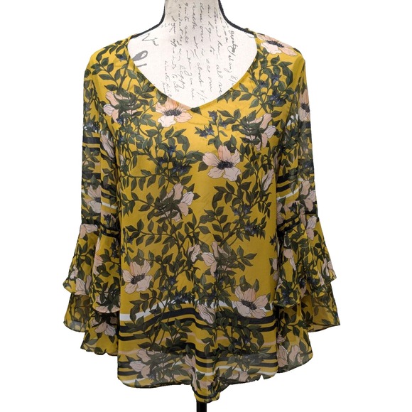 CAbi Tops - CABI Blouse Sm Yellow Green Floral Layered Flare Sleeves Boho